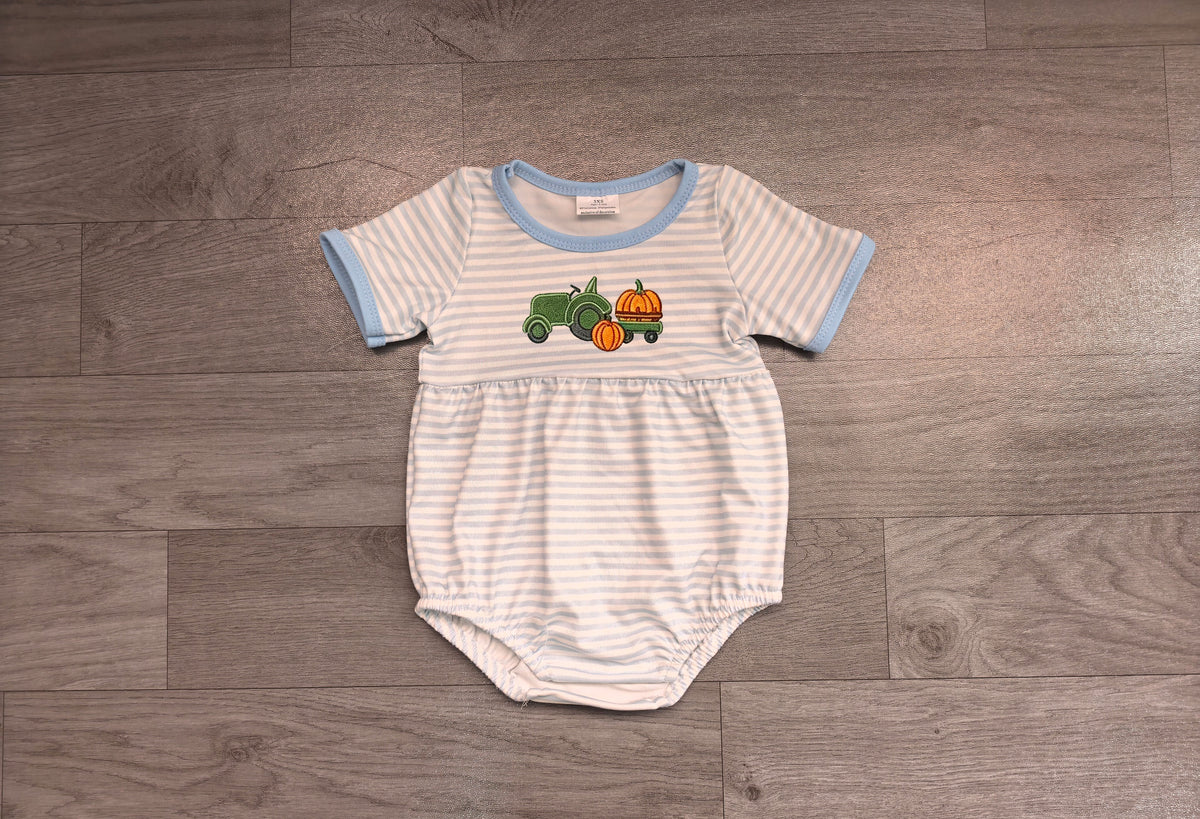 (Sample) No moq milk silk SR4286 Embroidery Baby Boys Blue Stripe Pumpkin Truck Print Short Sleeve Fall Romper