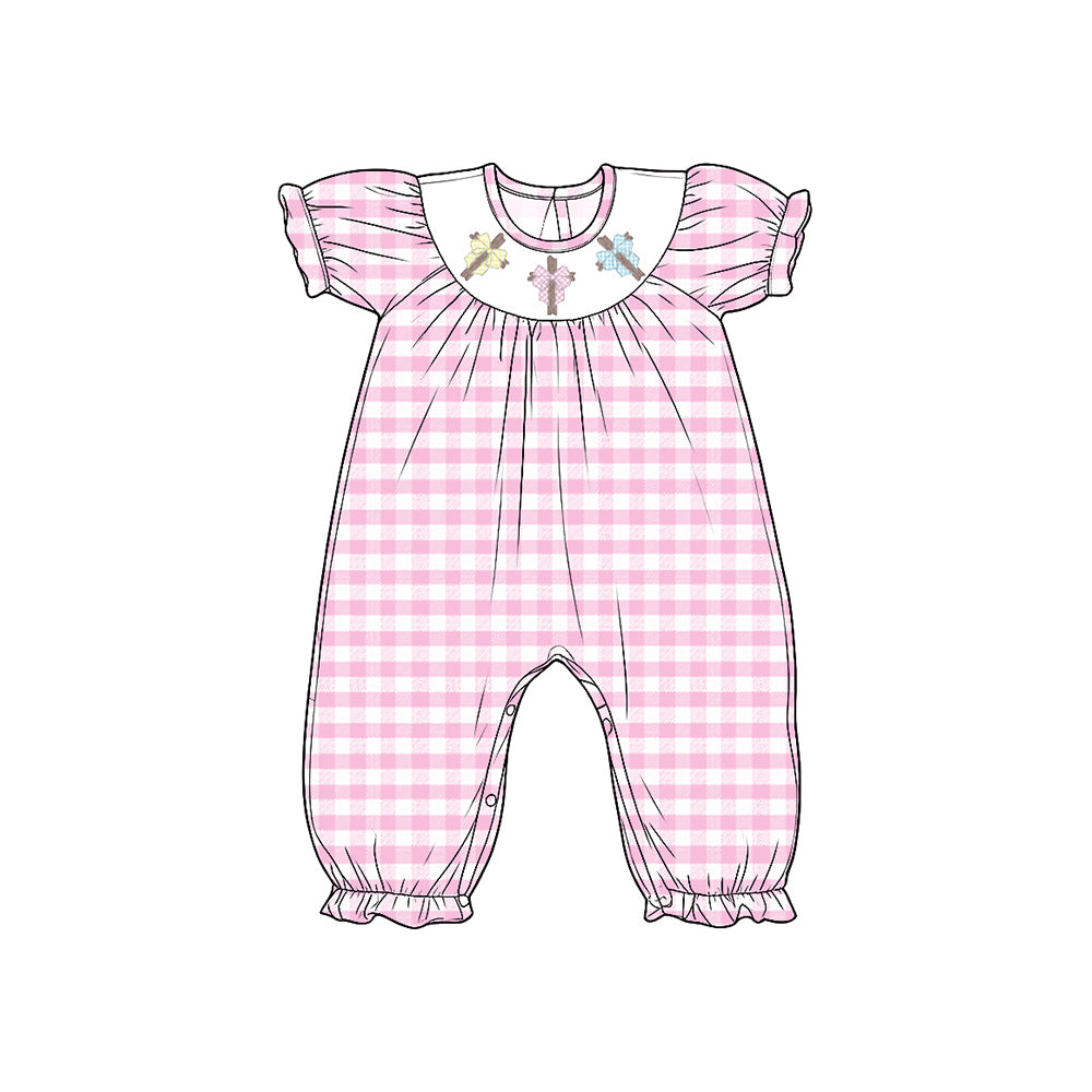 (Preorder new) No moq milk silk Smocked embroidery checkered short sleeve romper dress