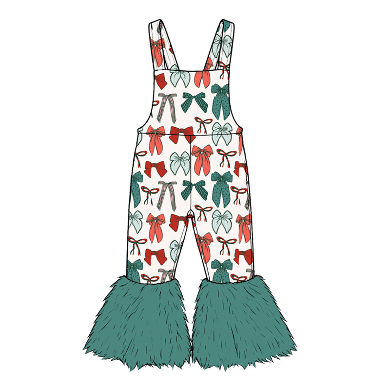 (Preorder new) No moq Baby Girls Christmas Bow Print Sleeveless Overalls Holiday Jumpsuit