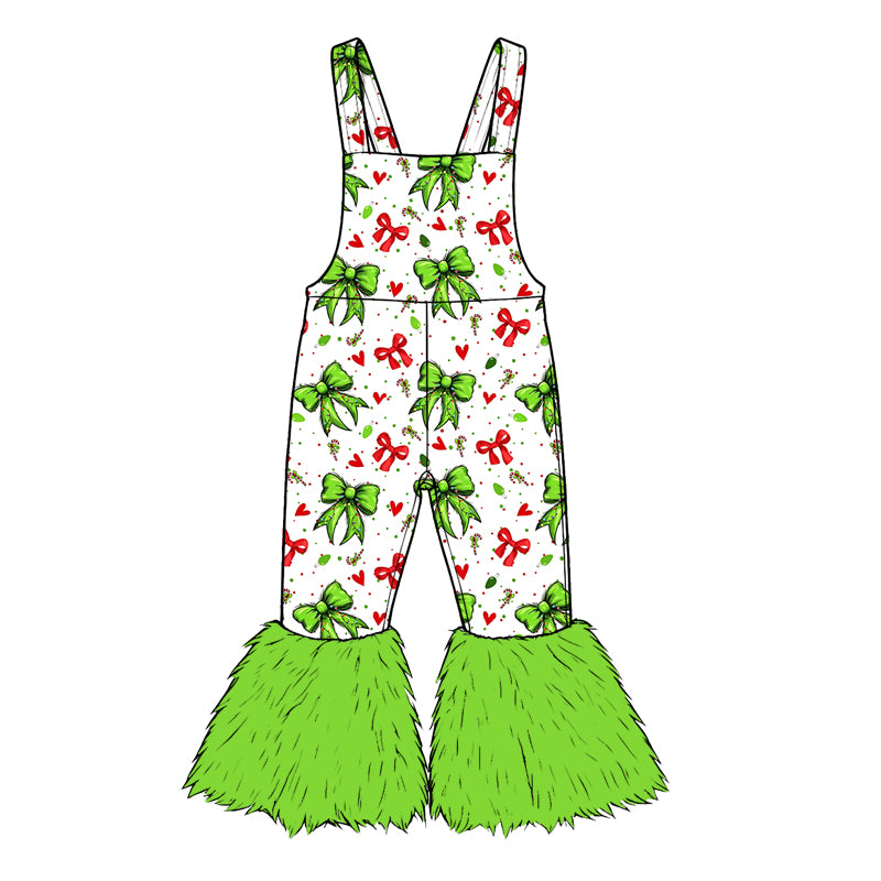 (Preorder new) No moq Baby Girls Christmas Bow Print Sleeveless Overalls Holiday Jumpsuit