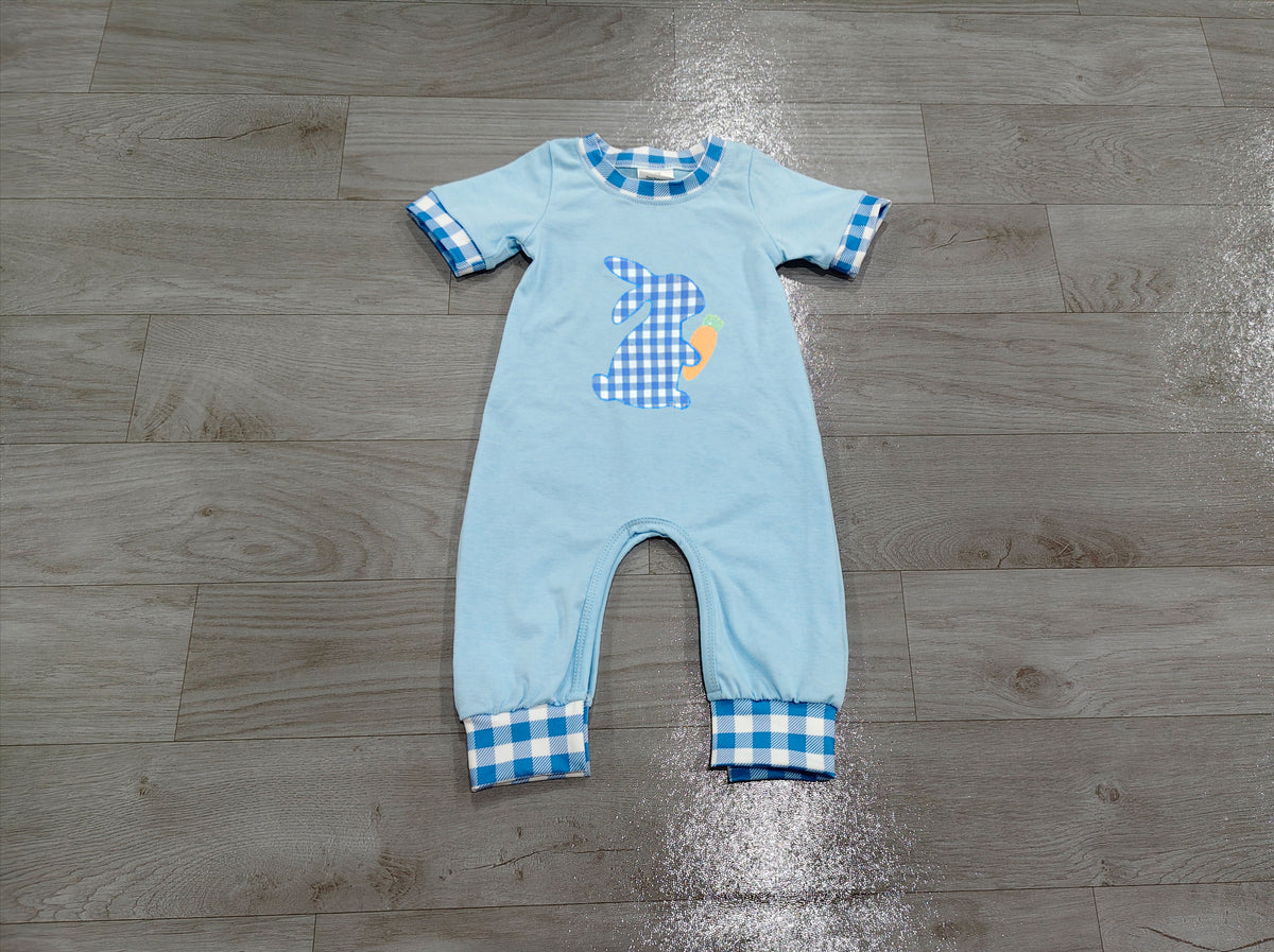 (Sample) No moq milk silk SR4297 Embroidery Rabbit And Carrots Baby Boys Blue Checked Easter Long Sleeve Pant Rompers