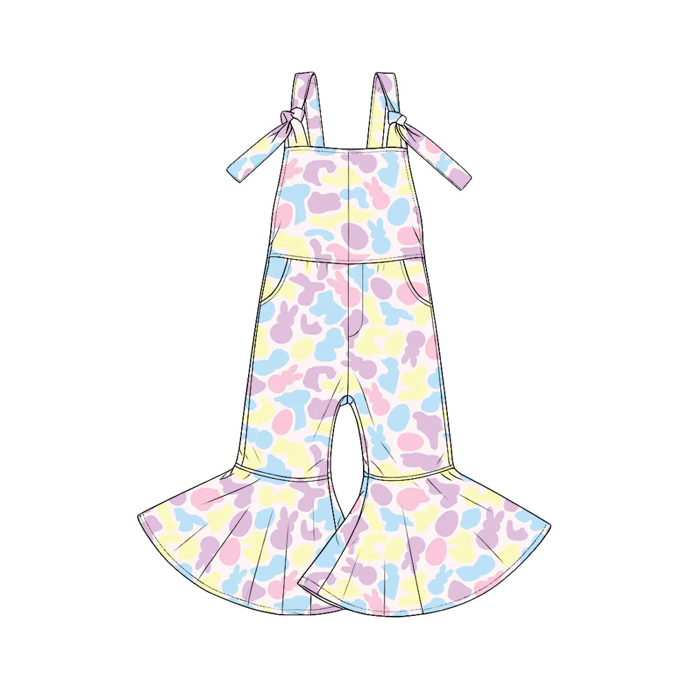 (Preorder new) No moq SR4299 Baby Kids Cute Easter Sleeveless Tie Strap Flared Jumpsuit with Pockets Easter Holiday