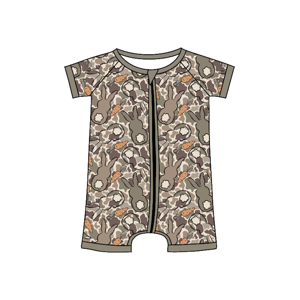 (Preorder new) No moq Baby Boys Easter Bunny Carrot Camo Print Short Sleeve Zip Romper And Pocket Tee Shorts Toddler Outfit Set