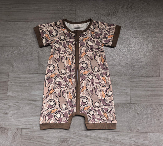 (Sample) No moq milk silk SR4305 Baby Boys Olive Camo Rabbits Easter Two Way Zip Convertible Rompers