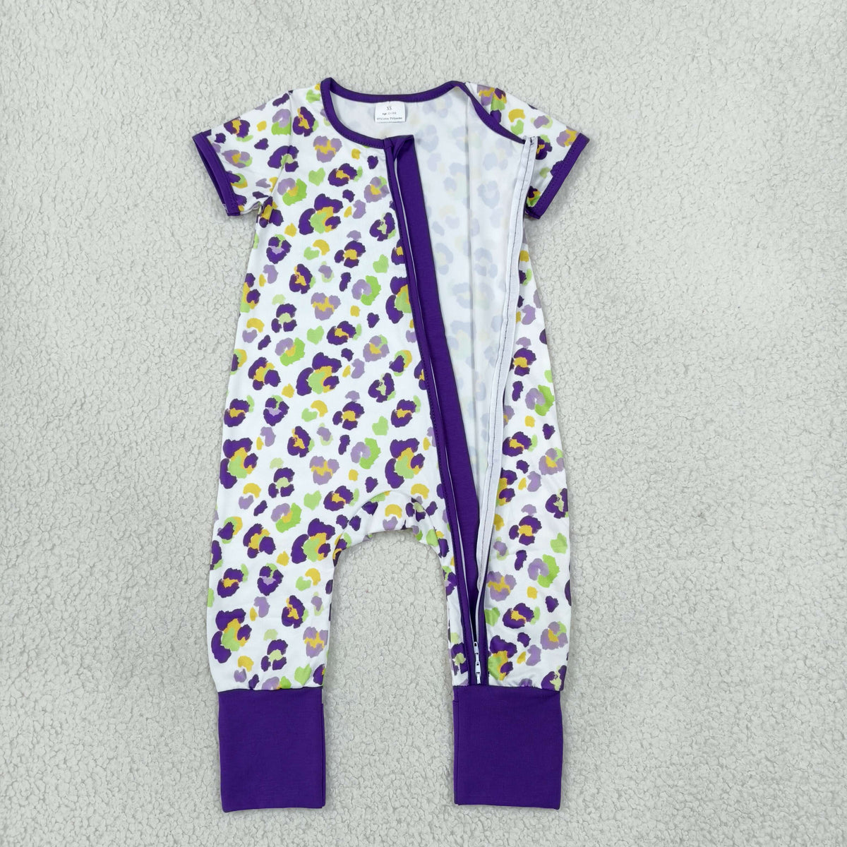 NEW RTS NO MOQ milk silk SR4312 Baby Girls Purple Leopard Printed Short Sleeve Two Way Zip Convertible Rompers