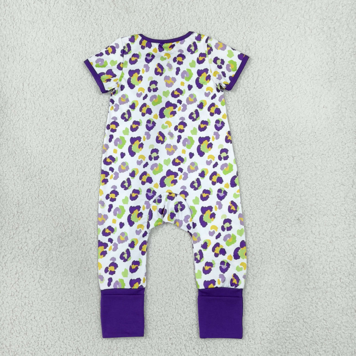 NEW RTS NO MOQ milk silk SR4312 Baby Girls Purple Leopard Printed Short Sleeve Two Way Zip Convertible Rompers