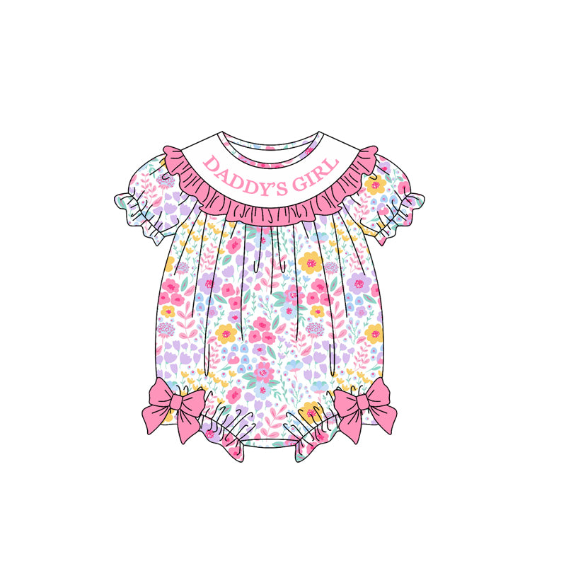 (Preorder new) No moq Baby Girls Floral Print Baby Bubble Romper With Ruffle Collar And Side Bows