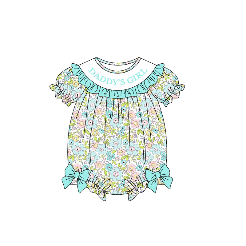 (Preorder new) No moq Baby Girls Floral Print Baby Bubble Romper With Ruffle Collar And Side Bows
