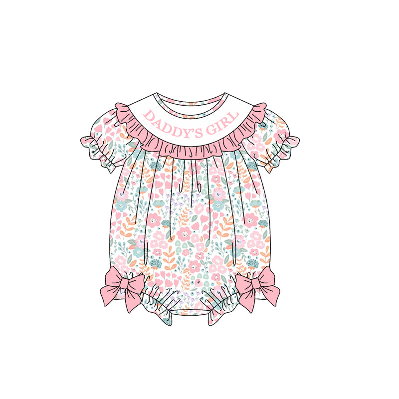(Preorder new) No moq Baby Girls Floral Print Baby Bubble Romper With Ruffle Collar And Side Bows