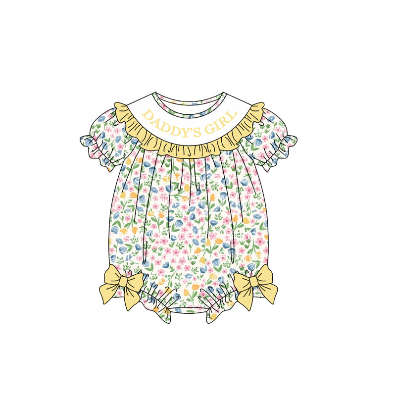 (Preorder new) No moq Baby Girls Floral Print Baby Bubble Romper With Ruffle Collar And Side Bows
