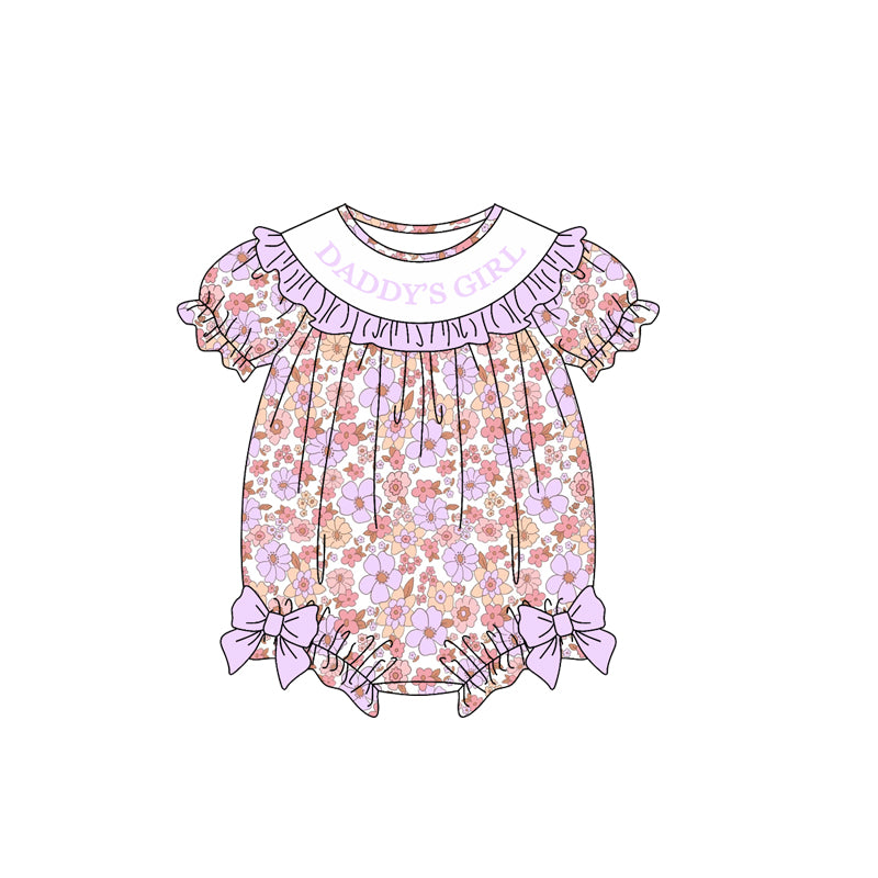 (Preorder new) No moq Baby Girls Floral Print Baby Bubble Romper With Ruffle Collar And Side Bows