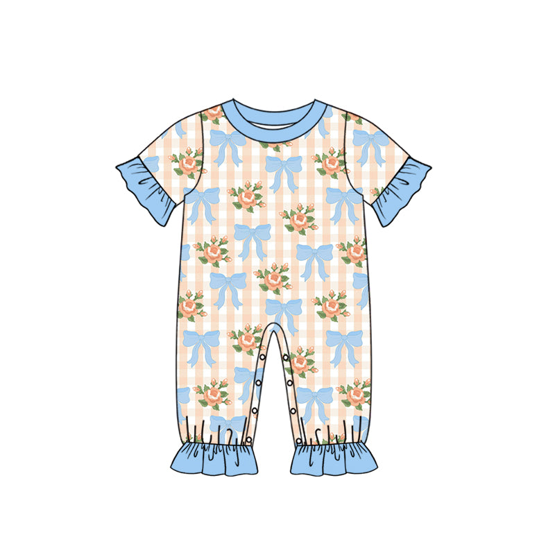 (Preorder new) No moq Baby Girls Orange Gingham Rose Bow Print Top and Bow Trim Shorts Set Romper