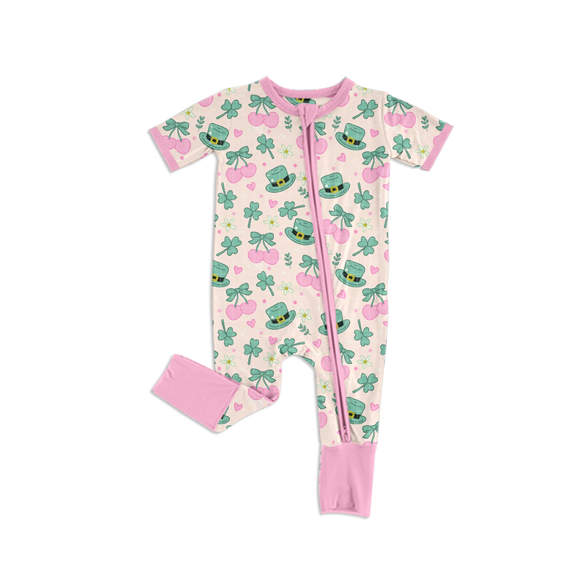 (Preorder new) No moq Baby Girls Pink Print Ruffle Short Sleeve Pajama Set Zipper Short Sleeve Romper