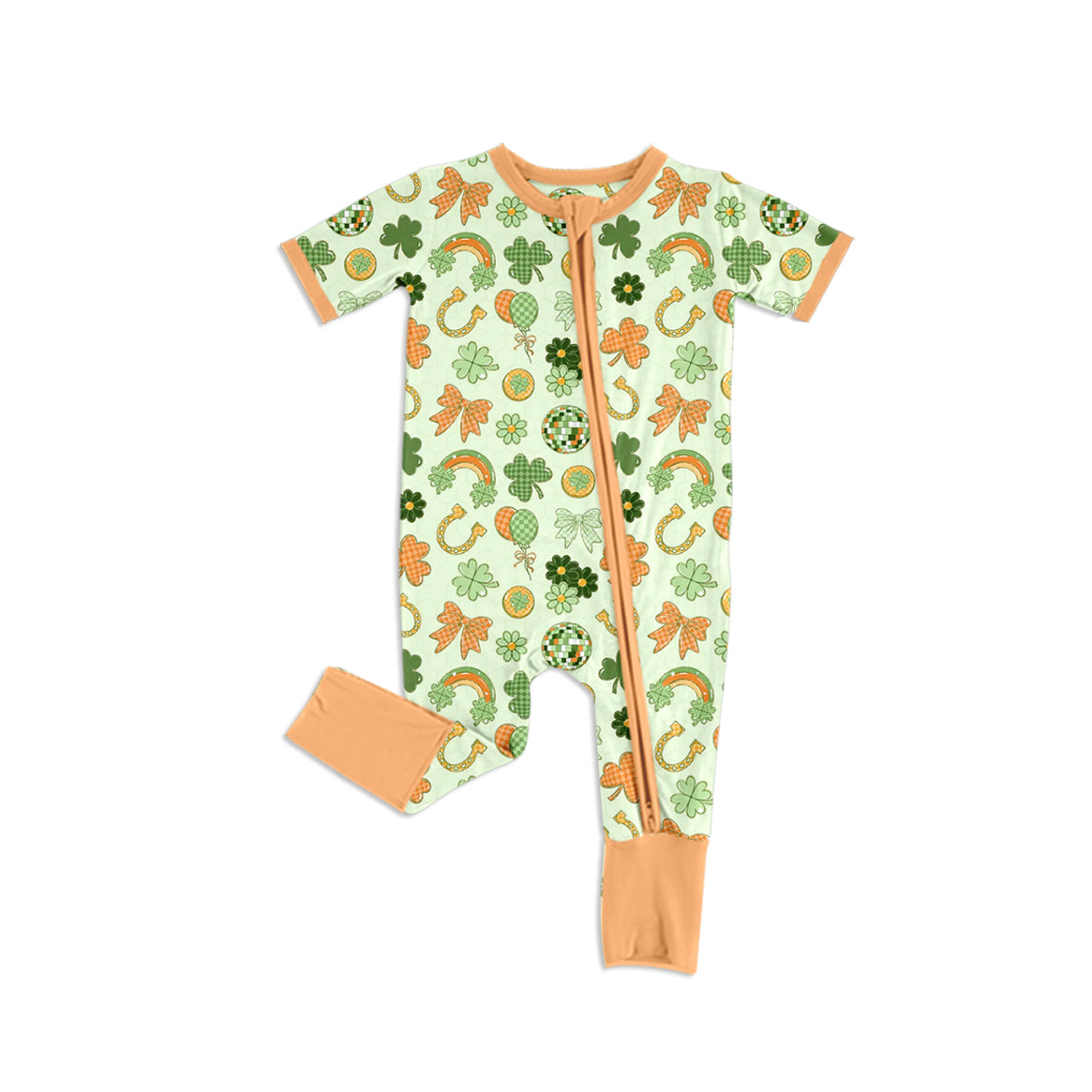 (Preorder new) No moq Baby Girls Green Print Ruffle Short Sleeve Pajama Set Zipper Short Sleeve Romper