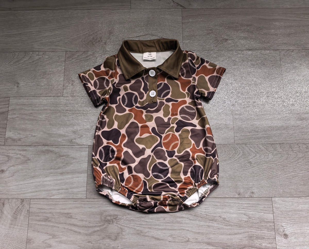 (Sample) No moq milk silk SR4331 Baby Boys Brown Baseball Camo Team Short Sleeve Button Front Rompers