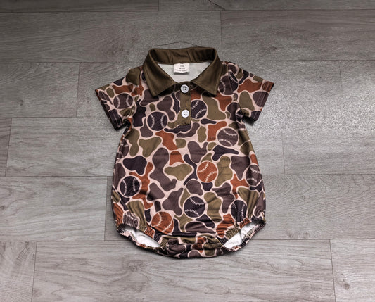 (Sample) No moq milk silk SR4331 Baby Boys Brown Baseball Camo Team Short Sleeve Button Front Rompers
