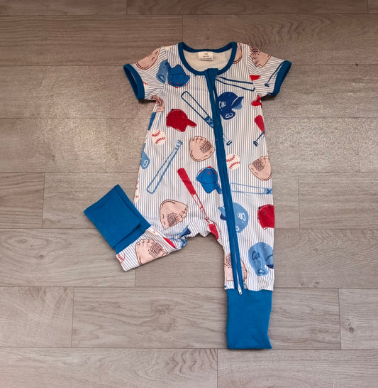 (Sample) No moq milk silk SR4336 Baby Boys Blue Stripe Baseballs Team Two Way Zip Rompers