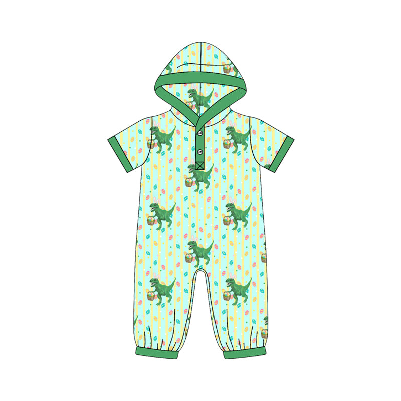 (Preorder new) No moq Baby Boys Easter Dinosaur Print Hooded Short Sleeve Top And Solid Green Pants Set Hooded Romper