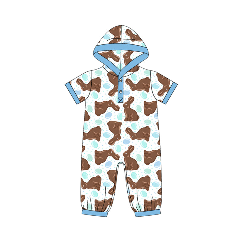 (Preorder new) No moq Baby Boys Easter Chocolate Bunny Print Hooded Short Sleeve Top And Solid Blue Pants Set Hooded Romper