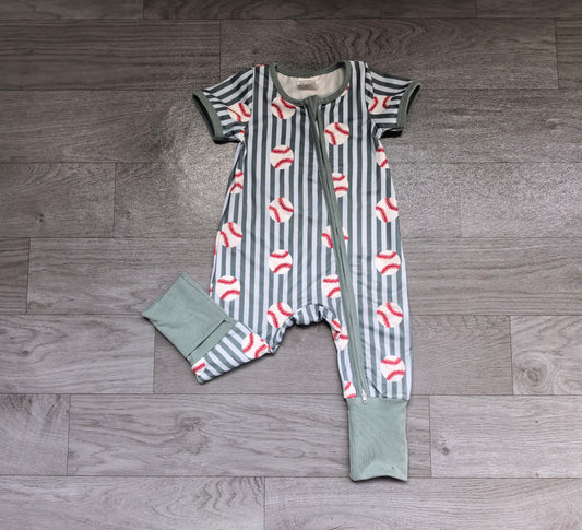(Sample) No moq milk silk SR4340 Baby Boys Blue Stripe Baseball Team Two Way Zip Footed Convertible Rompers
