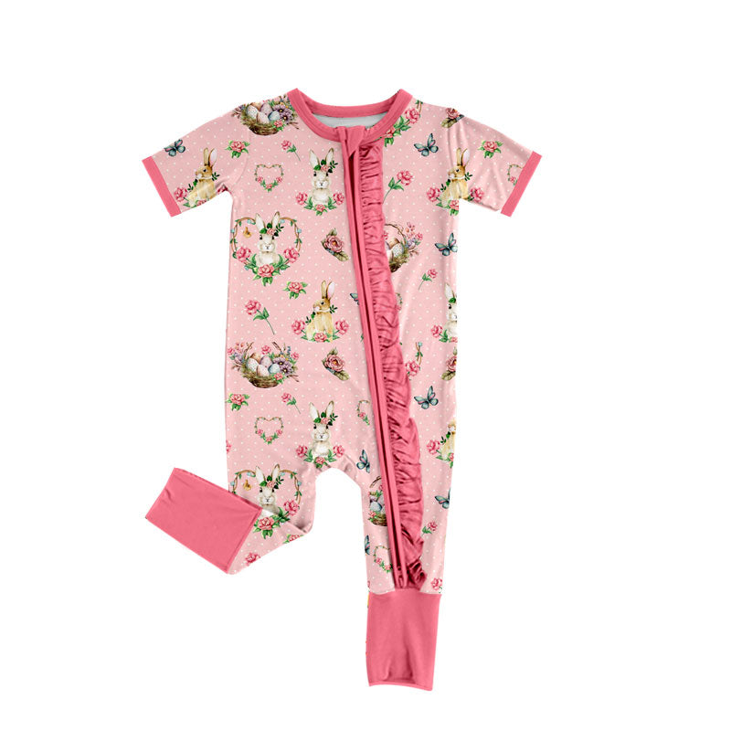 (Preorder new) No moq Baby Girls Pink Easter Bunny Floral Print Long Sleeve Short Set Pajama Set Ruffle Dress And Zipper Romper