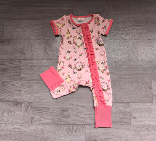 (Sample) No moq milk silk SR4342 Baby Girls Pink Easter Bunny Floral Print Ruffle Zipper Convertible Romper
