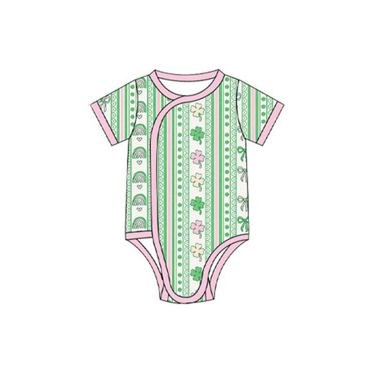 (Preorder new) No moq SR4346 Baby Girls Green Stripe Print Short Sleeve Baby Rompers