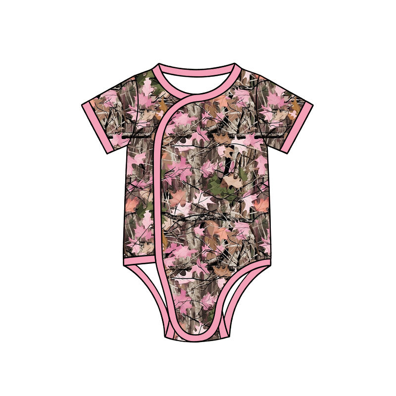 (Preorder new) No moq Baby Girls Pink Camo Leaf Print Short Sleeve Side Snap Bodysuit Romper