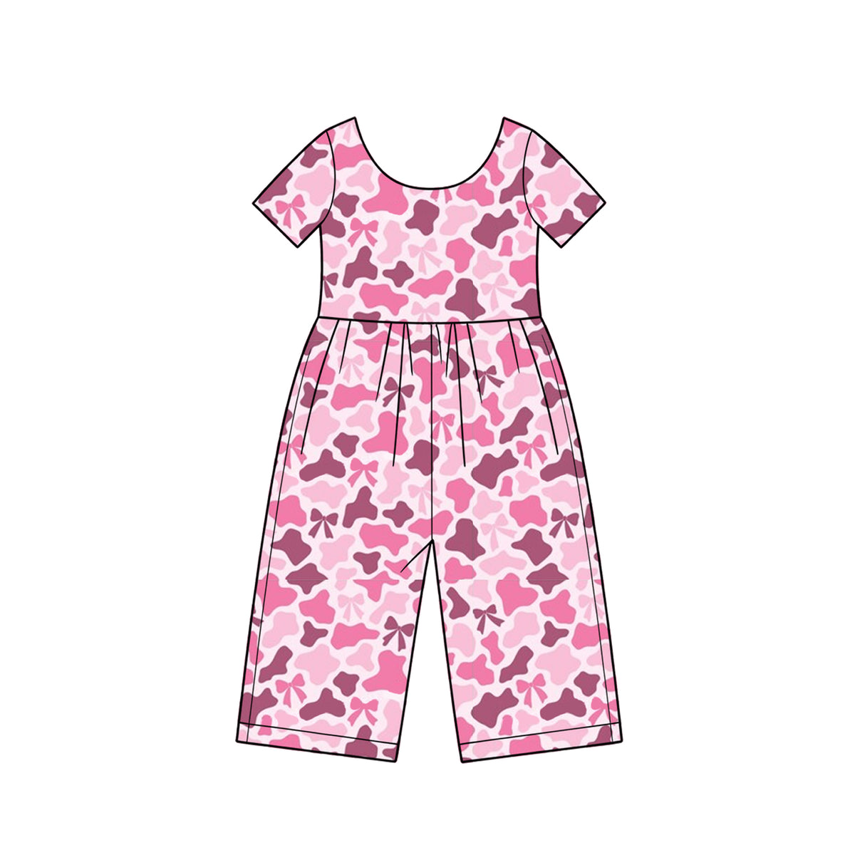 (Preorder new) No moq Baby Girls Camo Print Bow Short Sleeve Wide Leg Jumpsuit