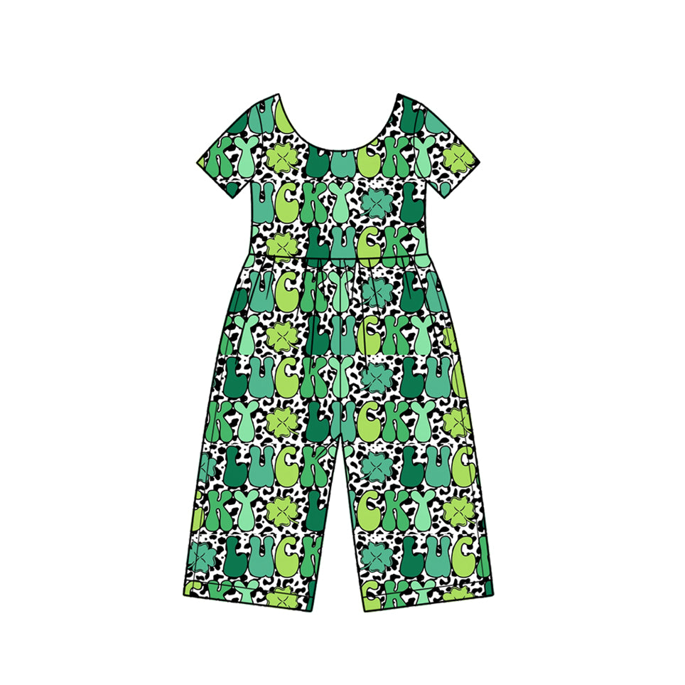 (Preorder new) No moq Baby Girls Green Print Short Sleeve Scoop Neck Wide Leg Jumpsuit