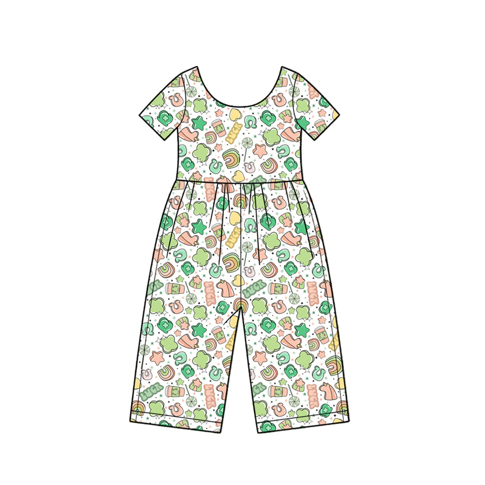 (Preorder new) No moq Baby Girls Green Print Short Sleeve Scoop Neck Wide Leg Jumpsuit