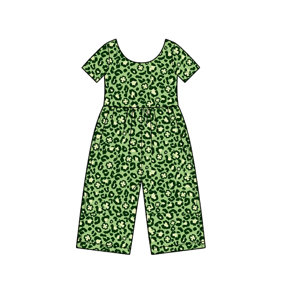 (Preorder new) No moq Baby Girls Green Print Short Sleeve Scoop Neck Wide Leg Jumpsuit