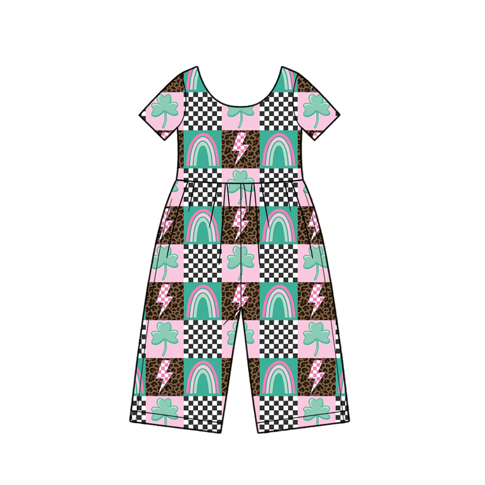 (Preorder new) No moq Baby Girls Green Print Short Sleeve Scoop Neck Wide Leg Jumpsuit