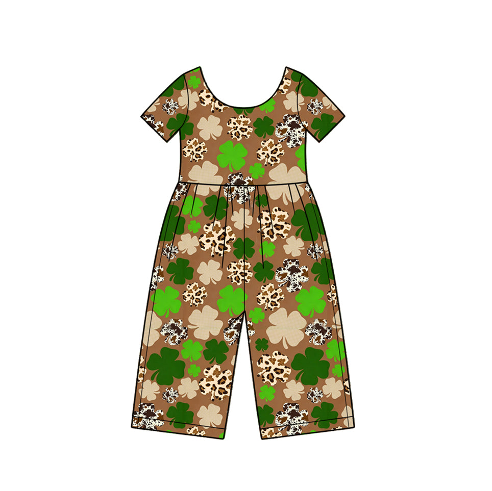 (Preorder new) No moq Baby Girls Green Print Short Sleeve Scoop Neck Wide Leg Jumpsuit