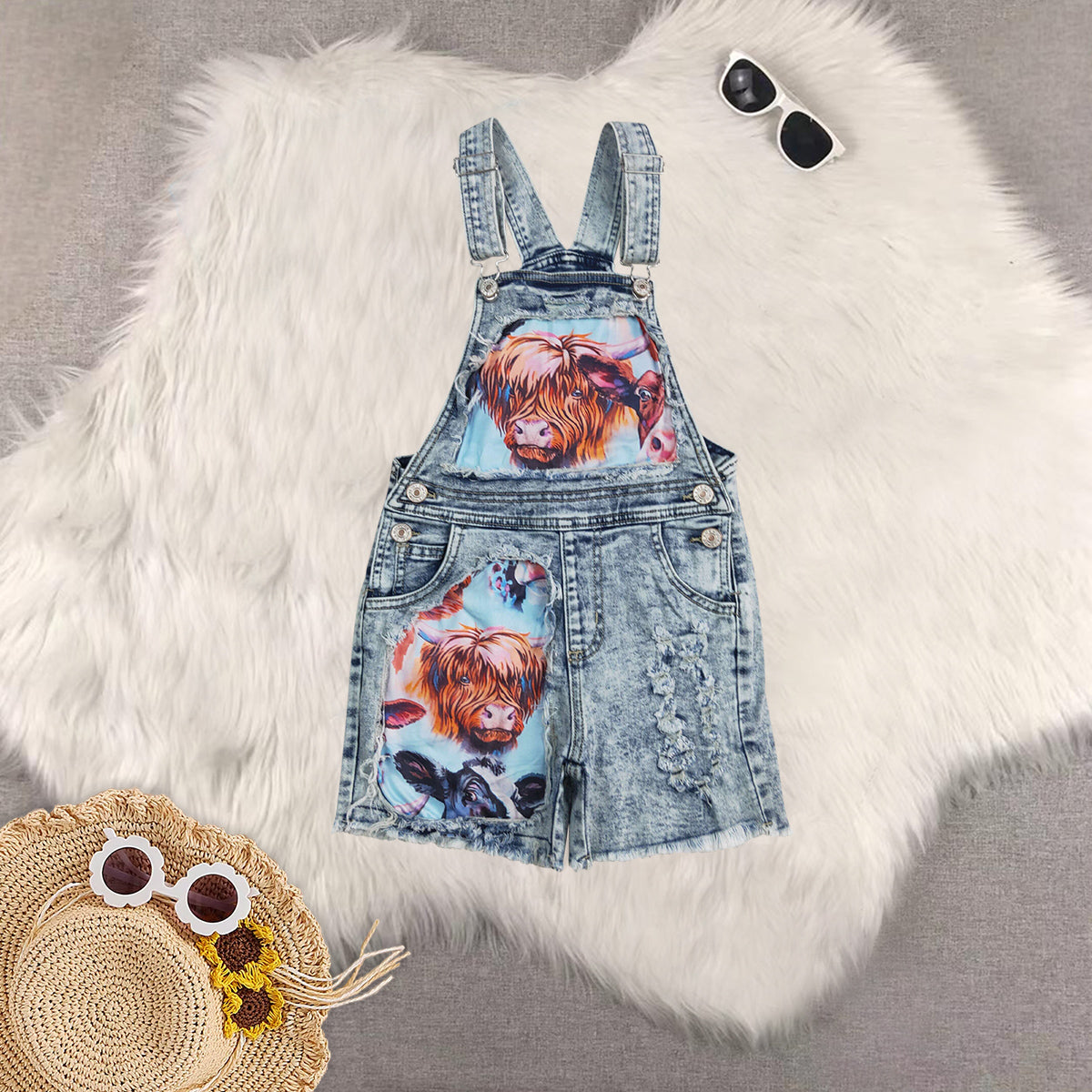 RTS NO MOQ Sibling baby girl clothes cow print denim overbell