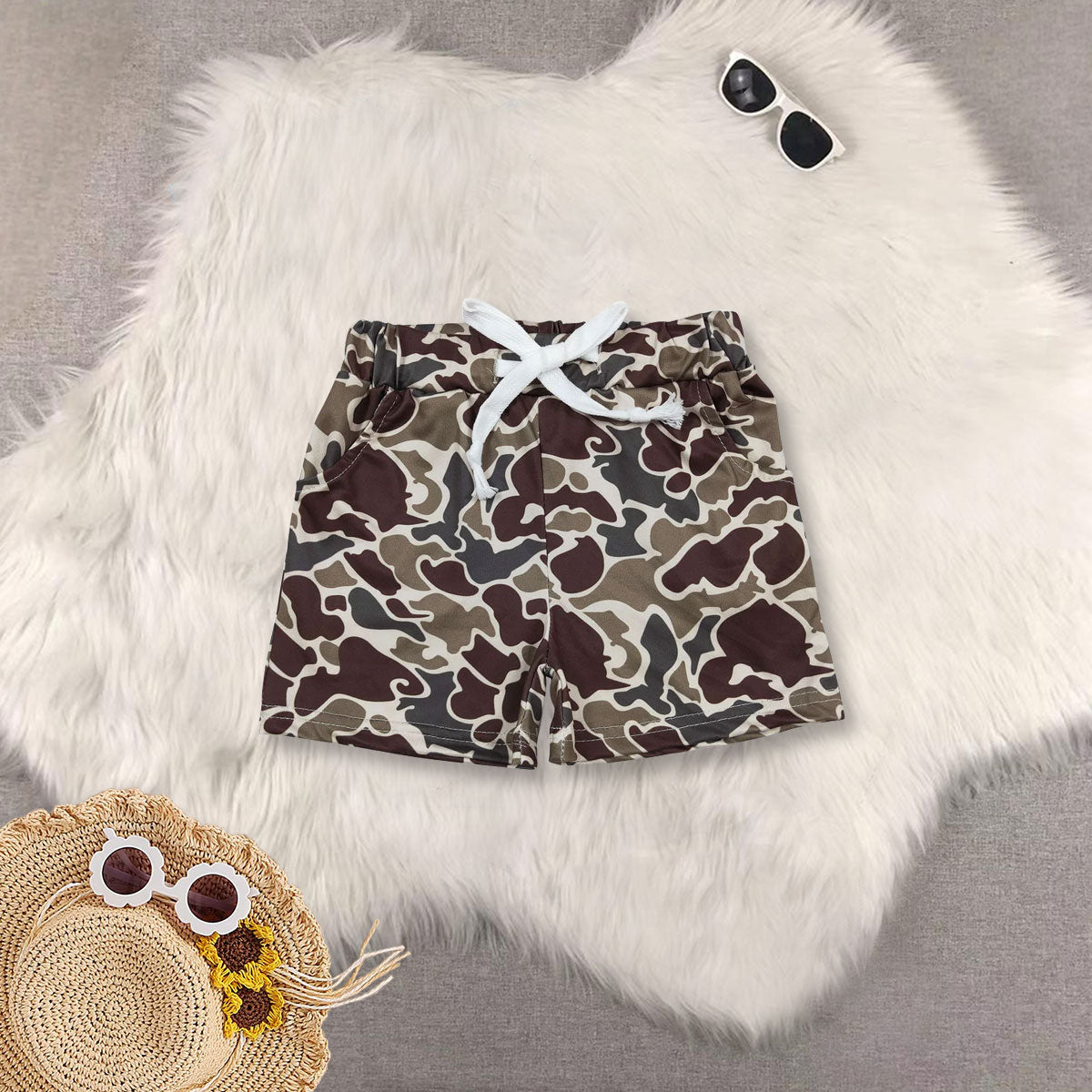 RTS NO MOQ Sibling baby boy clothes Offset camouflage duck dark brown short sleeve top and shorts and set