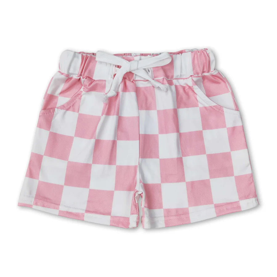 RTS NO MOQ milk silk GT0676+SS0258 Baby Girls Pink Short Sleeve Tee Shirts Tops Checkered Pocket Shorts Set