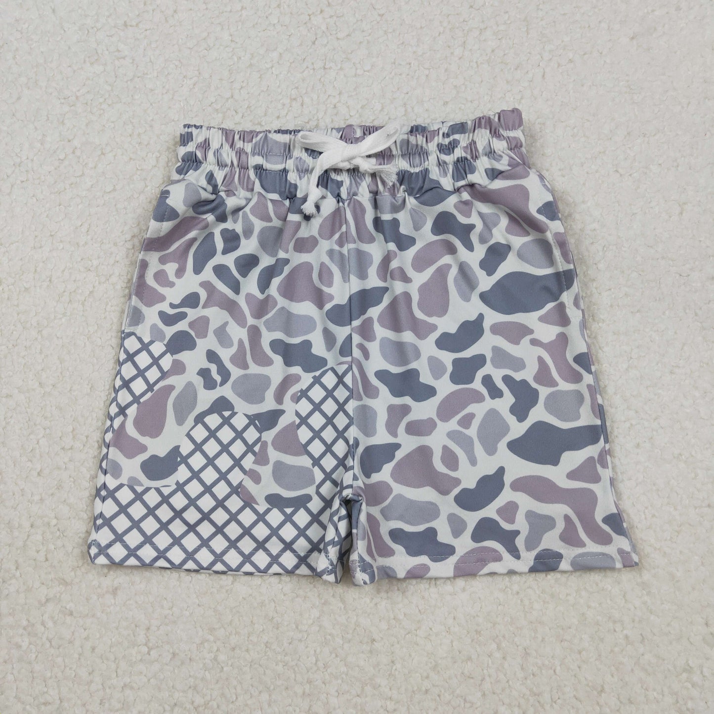 RTS NO MOQ BT1712+SS0647 Baby Boys Short Sleeve Light Grey Camo T-shirts Top Grey Camo Drip Team Shorts Bottom