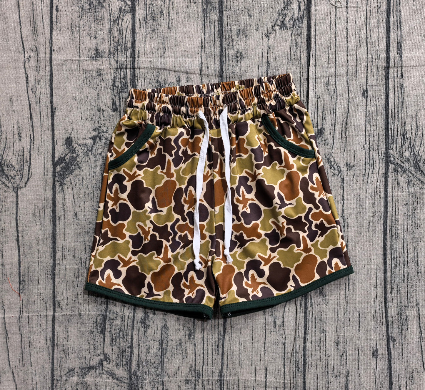 (Sample) No moq SS0673 Baby Boys Olive Brown Ducks Camouflage Hunting Shorts with Pockets Bottom