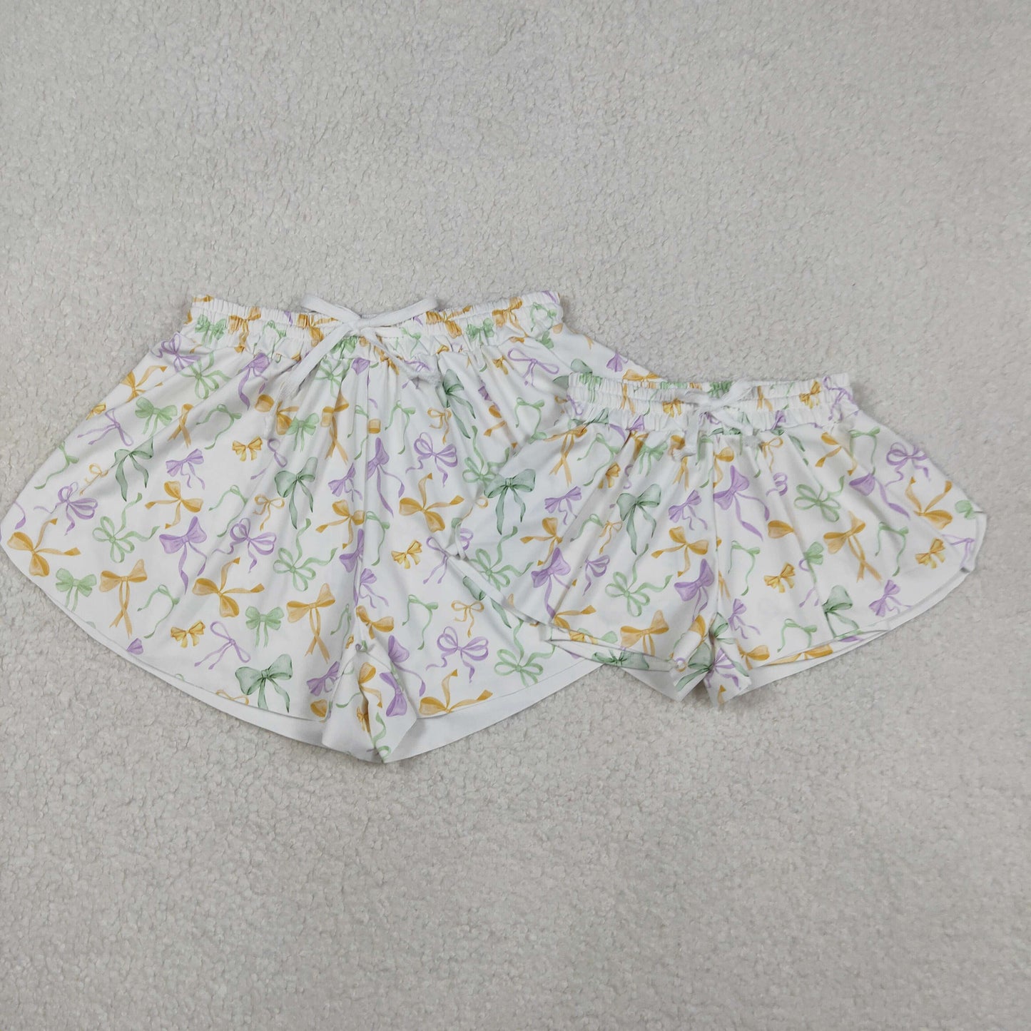 RTS NO MOQ Sibling baby girl clothes and Adult clothes mardi gras yoga bow kids shorts and adult shorts