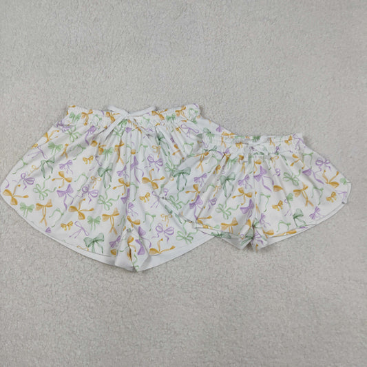 RTS NO MOQ Sibling baby girl clothes and Adult clothes mardi gras yoga bow kids shorts and adult shorts