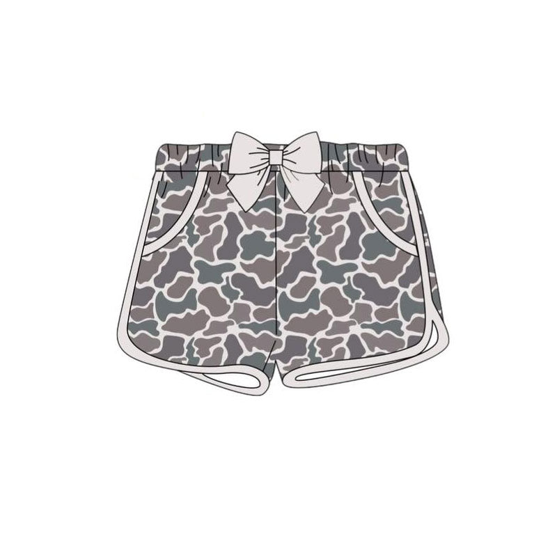 (Pre Order) No moq SS0688 Baby Girls Grey Camo Bow Pocket Shorts Bottoms