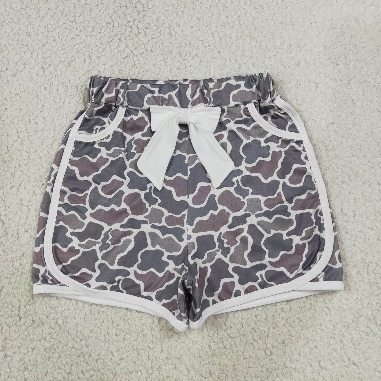 RTS NO MOQ Sibling milk silk Baby Girls Camo Bow Pocket Shorts Bottoms Daily Wear Bottoms