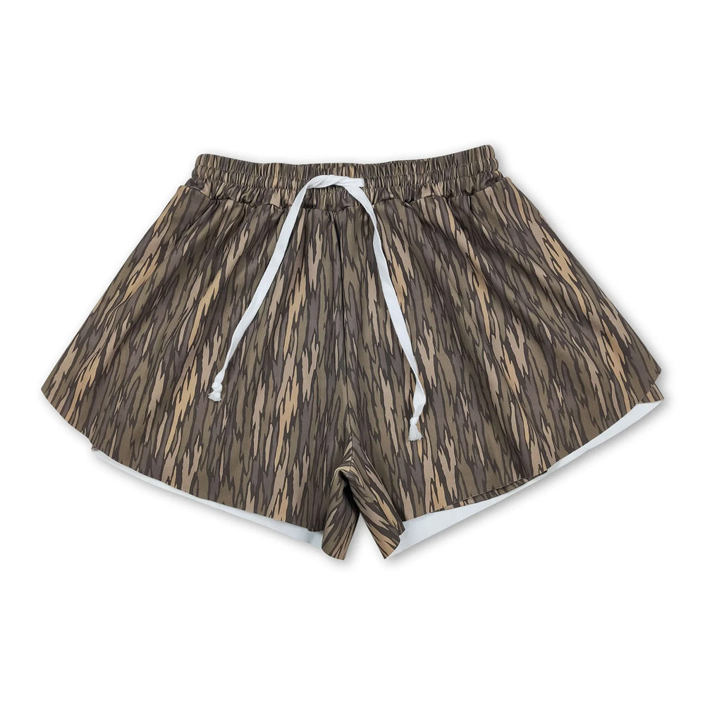 RTS NO MOQ Sibling yoga fabric Adult Women Camo Yoga Active Shorts Daily Sports Bottoms