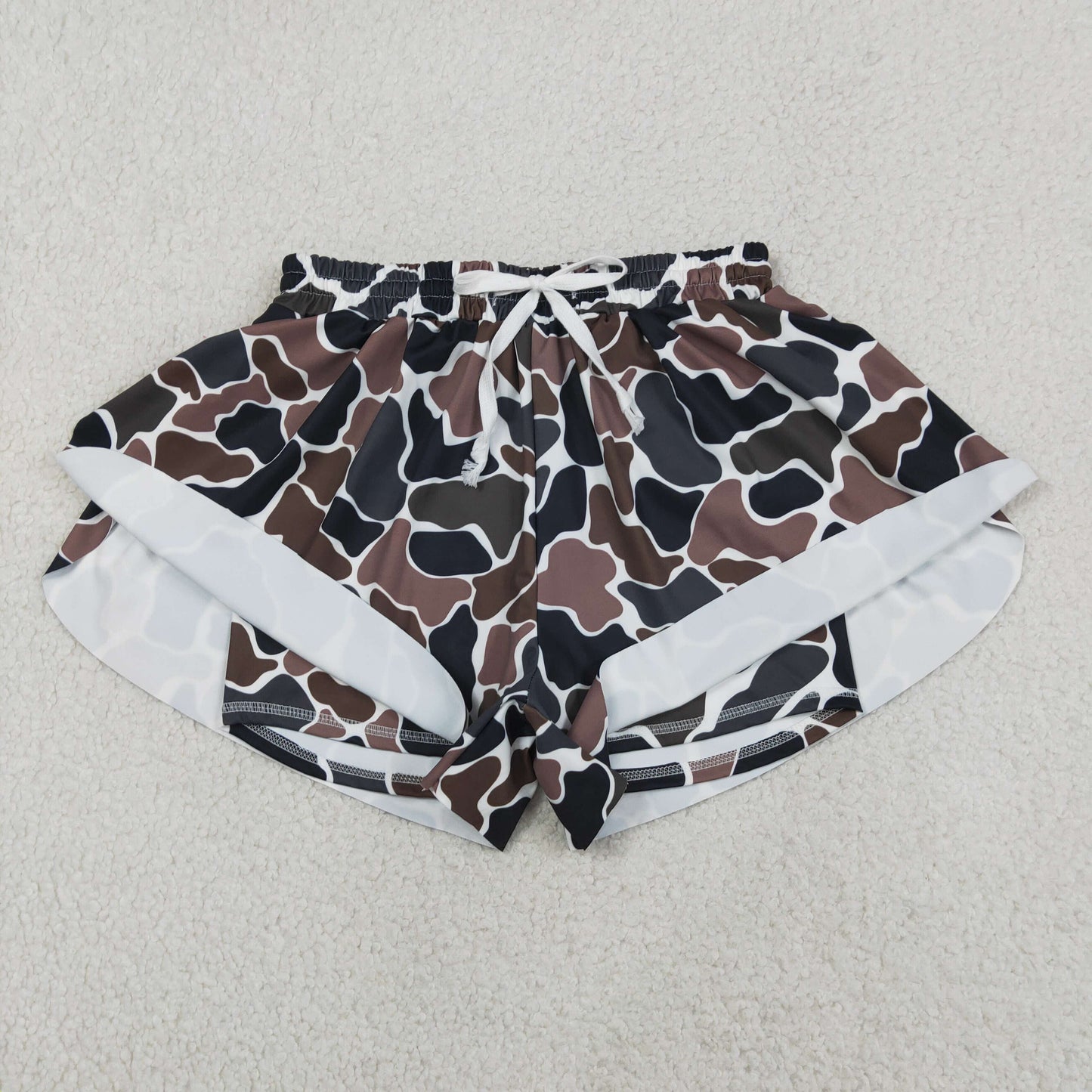 RTS NO MOQ SS0768 Adult Women Yoga Active Shorts Dark Brown Camo Ruffle Hem Casual Bottoms