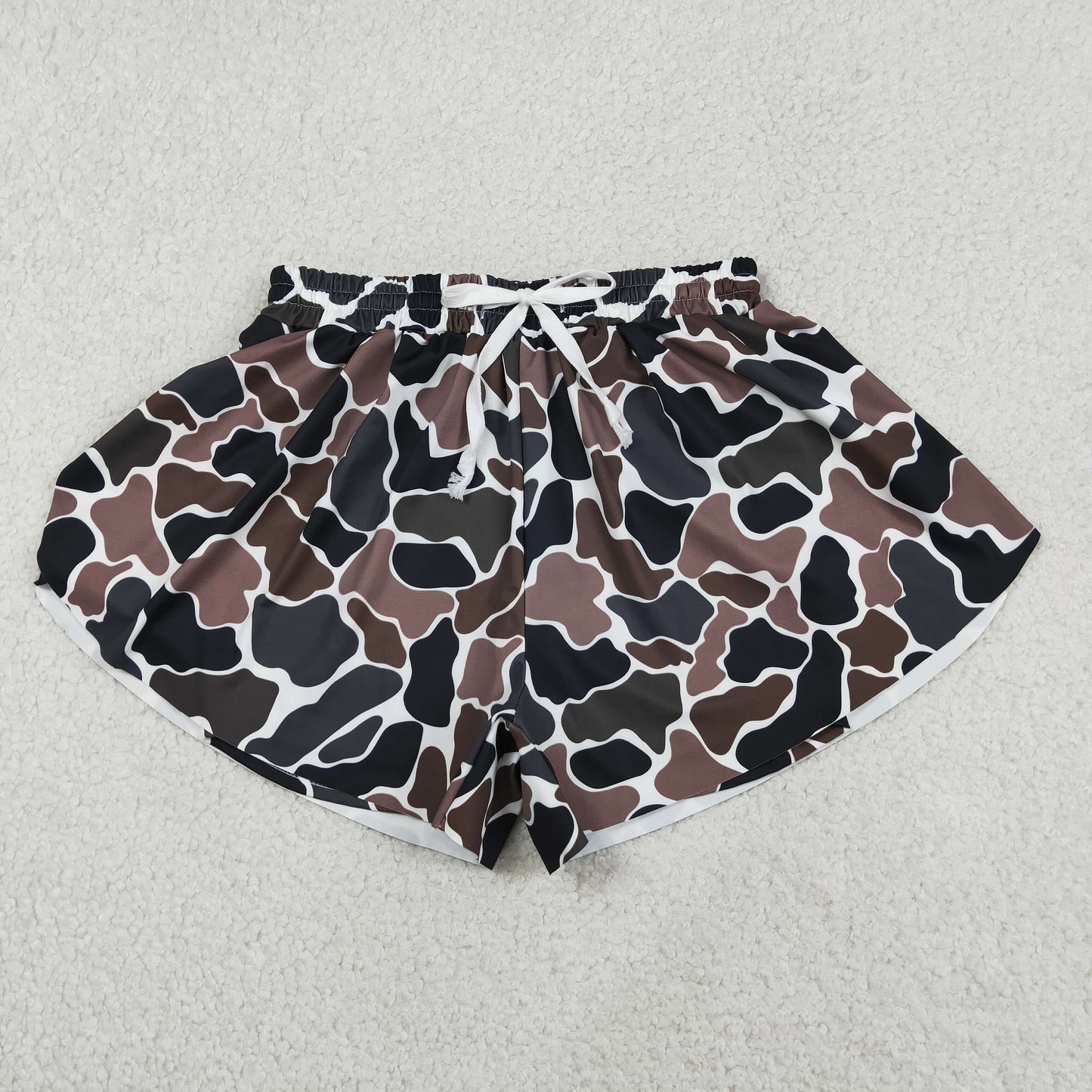 RTS NO MOQ SS0768 Adult Women Yoga Active Shorts Dark Brown Camo Ruffle Hem Casual Bottoms