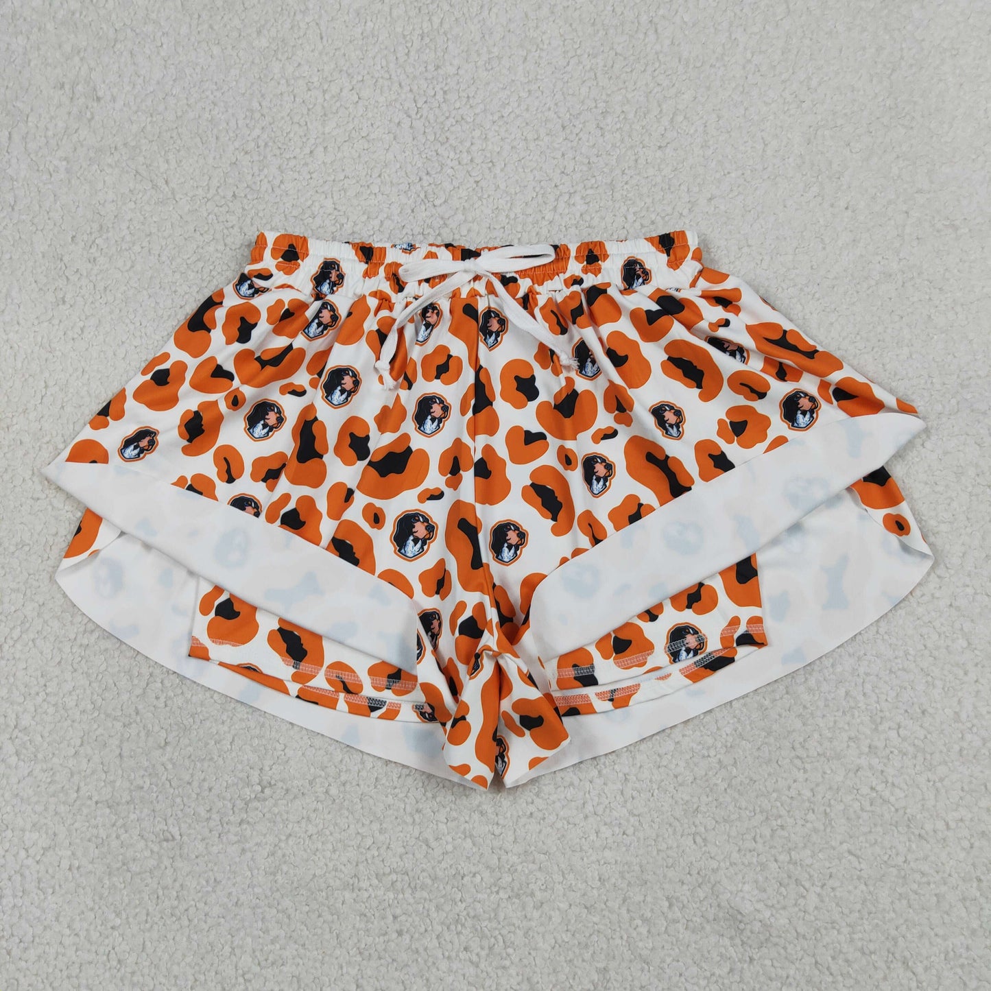 RTS NO MOQ yoga fabric SS0806 Yoga Adult Women Orange Leopard Team Yoga Active Ruffle Shorts Bottoms