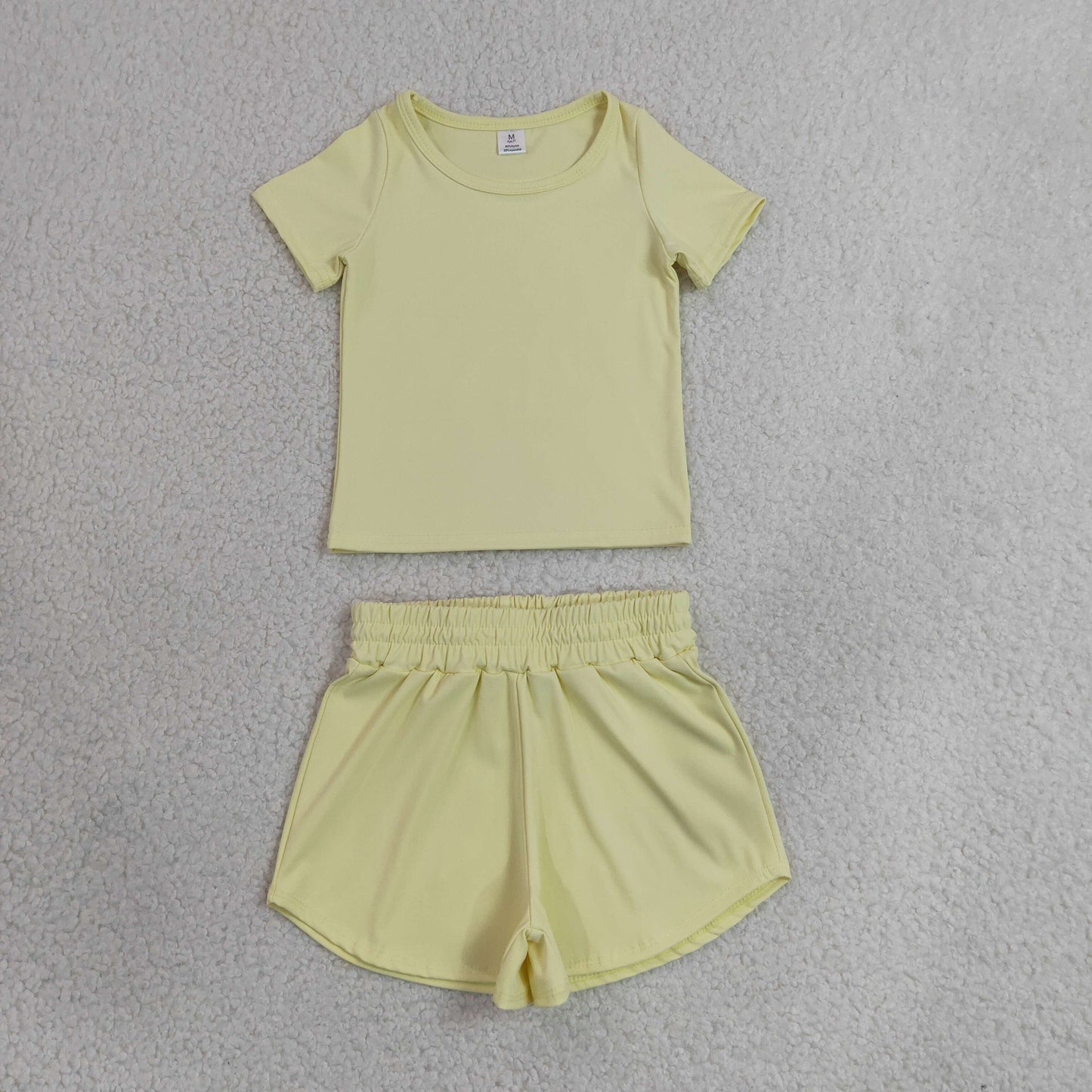 RTS NO MOQ yoga fabric cotton GSSO3763（GT1632+SS0899）Baby Girls Yellow Plain Short Sleeve Top Sport Yoga Shorts Sets