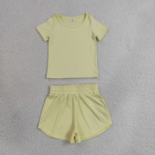 RTS NO MOQ yoga fabric cotton GSSO3763（GT1632+SS0899）Baby Girls Yellow Plain Short Sleeve Top Sport Yoga Shorts Sets