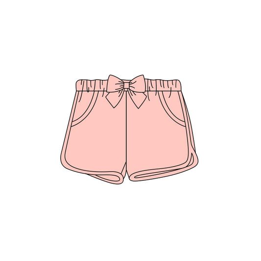 (Pre Order) No moq cotton SS0935 Baby Girls Solid Pink Elastic Waist Shorts With Bows Pockets